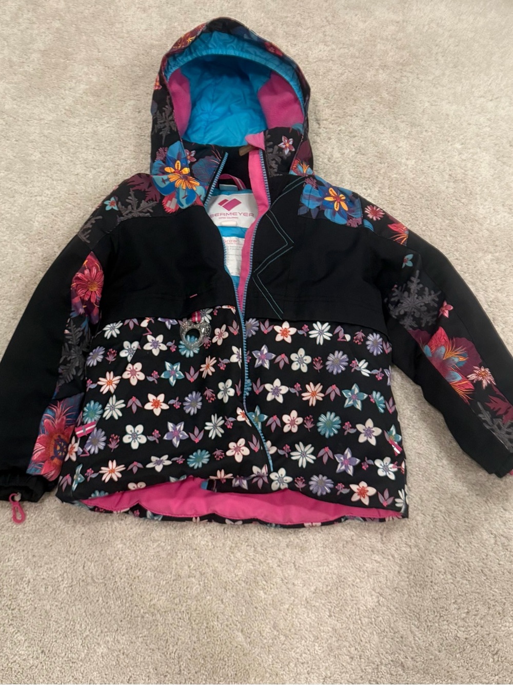 Kids Floral Black Hooded Winter Jacket - Obermeyer
